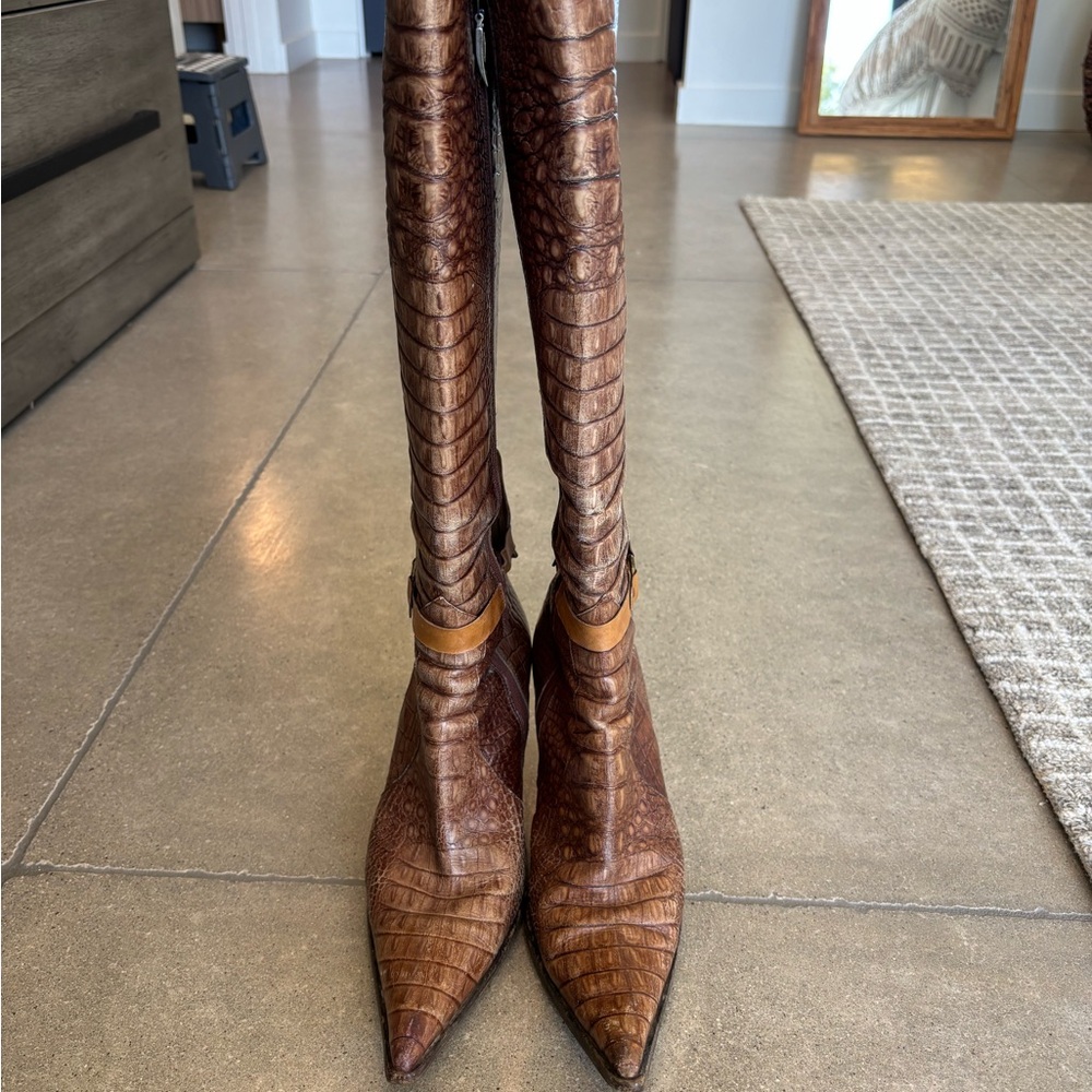 Cesare Paciotti Light Brown Croc-Patterned Stiletto Heeled Pointed Toe Boots
